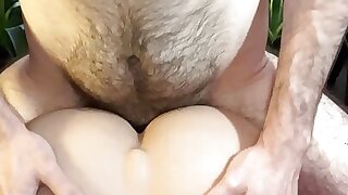 Very hairy bald bearded uncut white guy fucking a silicone ass doggy-style and cums inside (sex toy)